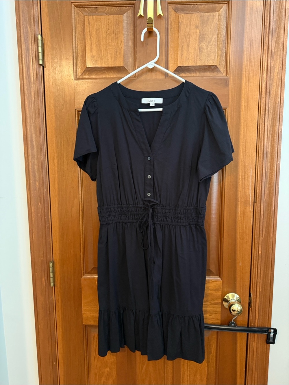 LOFT Black Button-Front Drawstring Waist Tiered Mini Dress
